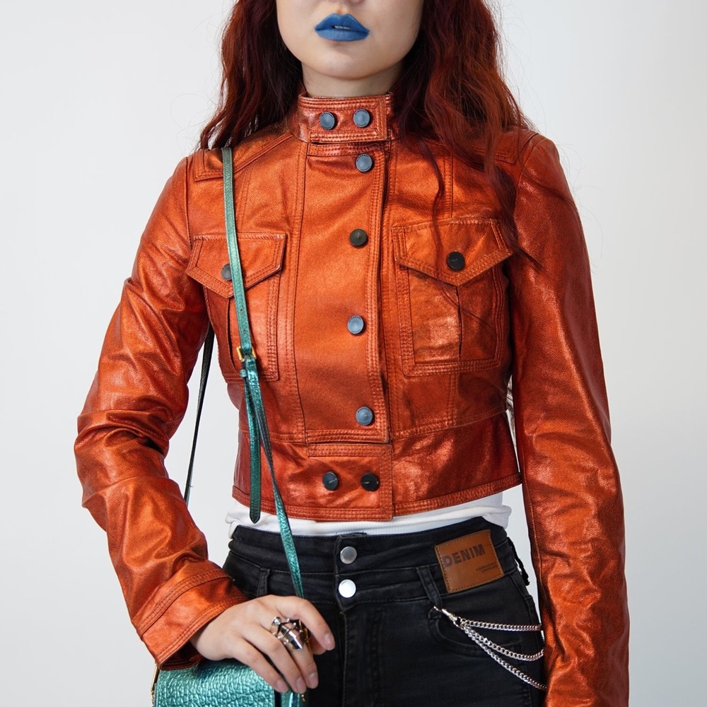 Burberry London Metallic Burnt Orange Copper Cropped Goat Leather Jacket - Picture 4 of 11